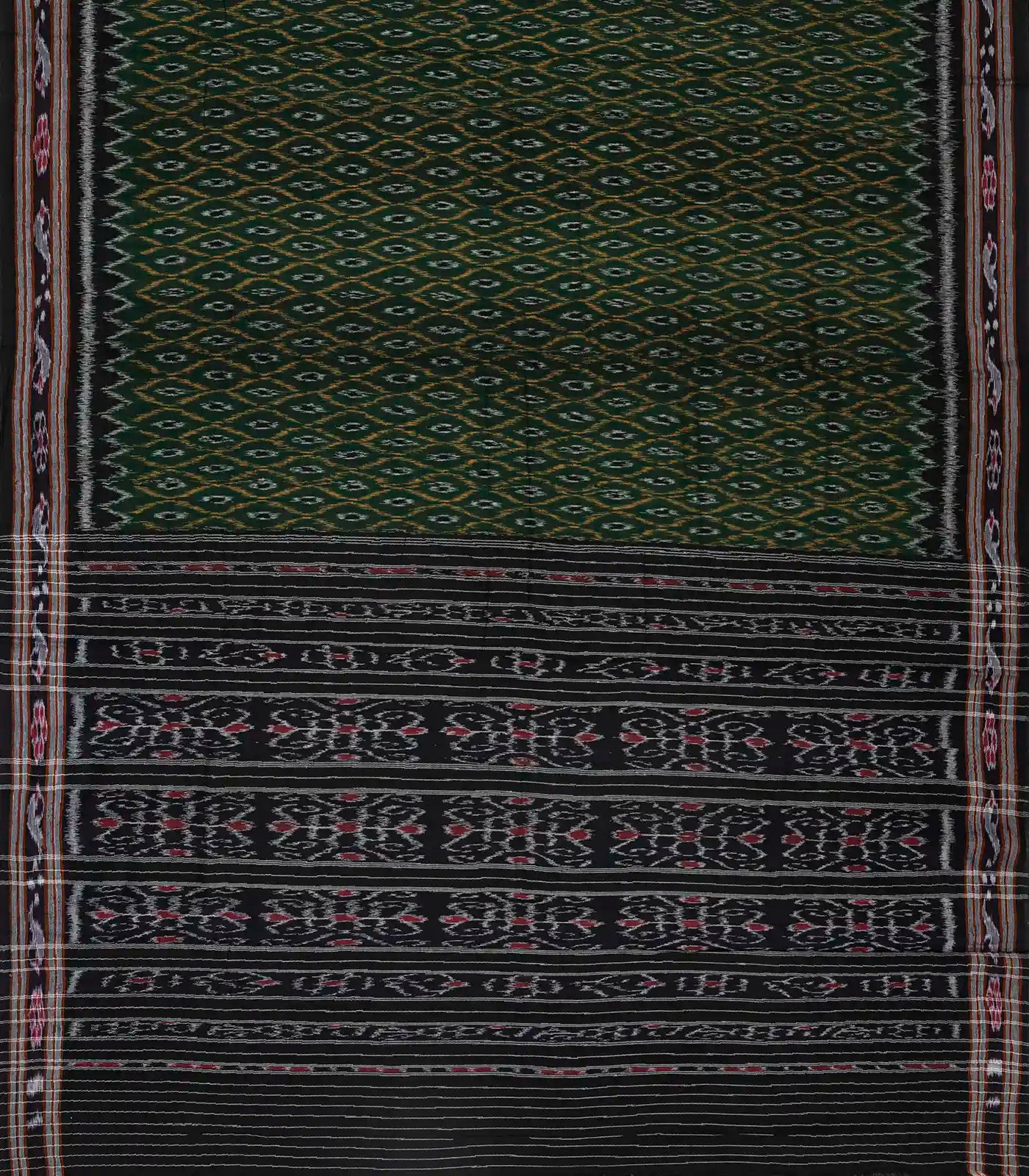 Dark Green Handloom Orissa Cotton Saree With Tie & Dye Jaal Motifs