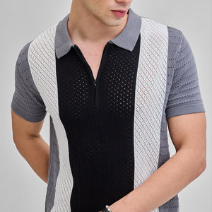 Black Colourblocked Zipper Polo T-Shirt