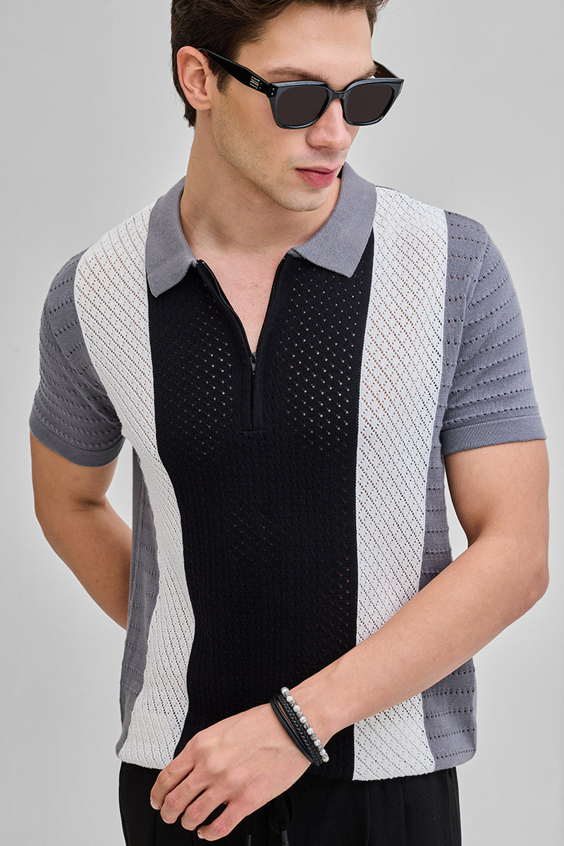 Black Colourblocked Zipper Polo T-Shirt