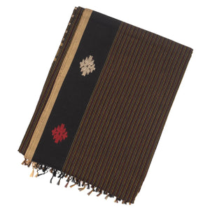 Black Handloom Bengal Cotton Saree With Stripes & Buttas in Border