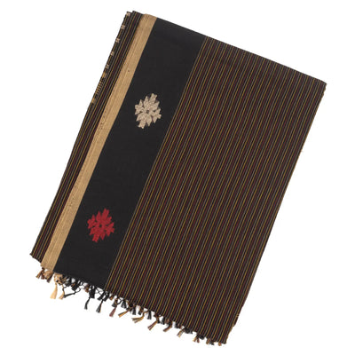 Black Handloom Bengal Cotton Saree With Stripes & Buttas in Border