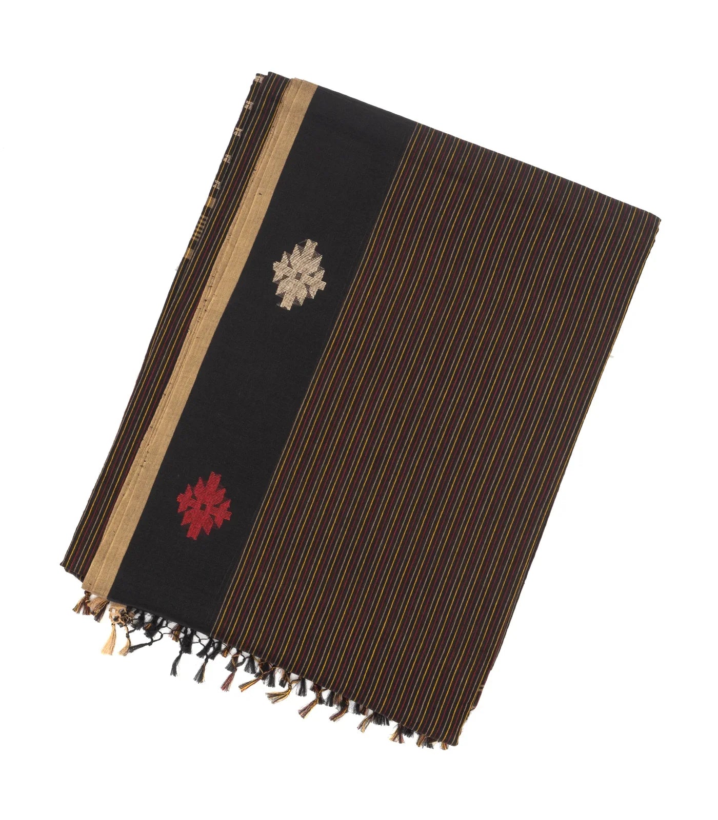 Black Handloom Bengal Cotton Saree With Stripes & Buttas in Border