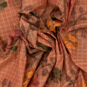Peach Bengal Cotton Saree With Checks & Floral Motifs