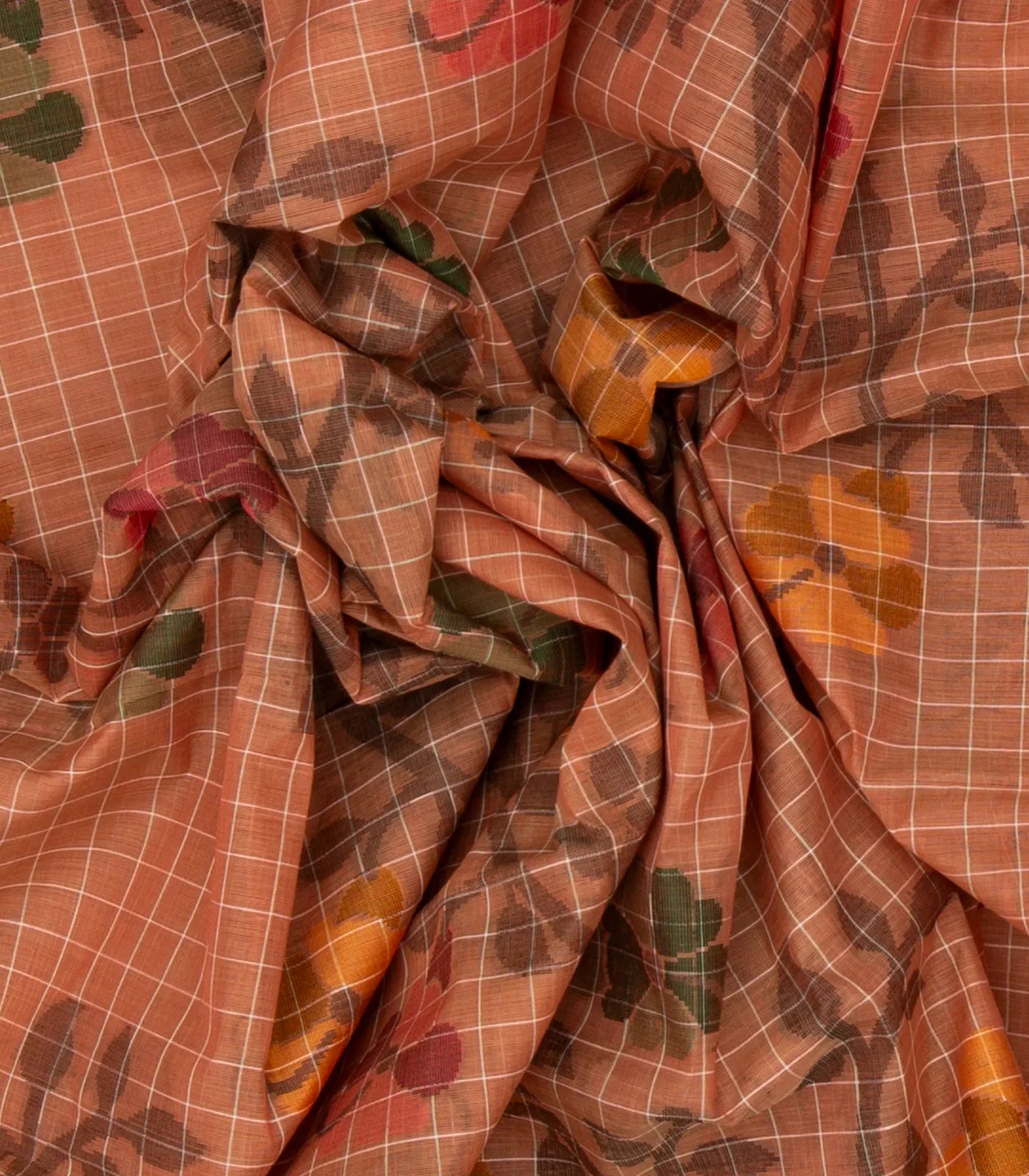 Peach Bengal Cotton Saree With Checks & Floral Motifs
