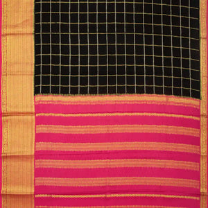 Black Mysore Crepe Silk Saree With Zari Checks & Contrast Border