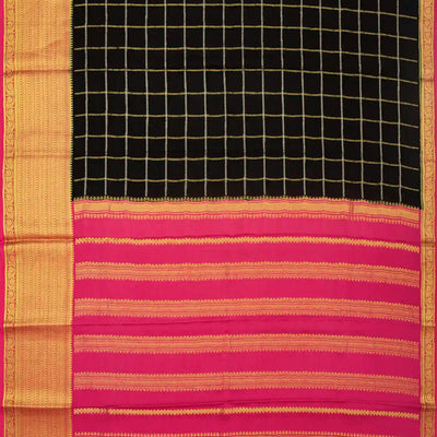 Black Mysore Crepe Silk Saree With Zari Checks & Contrast Border