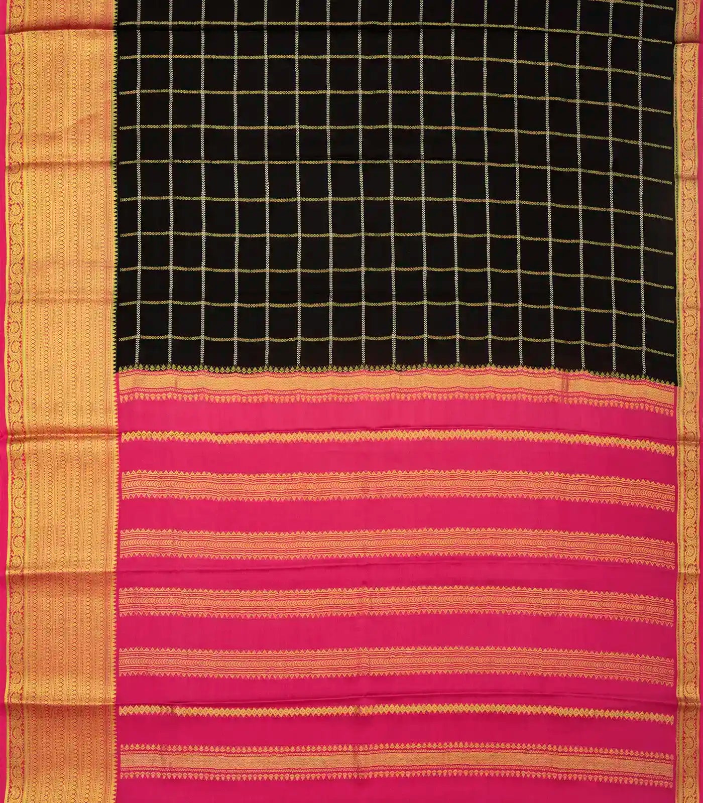 Black Mysore Crepe Silk Saree With Zari Checks & Contrast Border