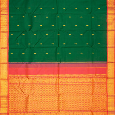 Dark Green Handloom Kanchipuram Korvai Silk Saree With Peach Border