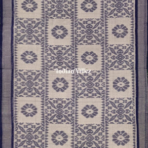 White Blue Computer Design Maniabandha Cotton Saree