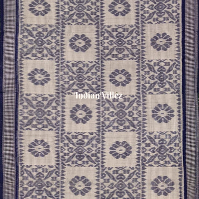 White Blue Computer Design Maniabandha Cotton Saree