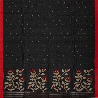 Black Handloom Dhakai Cotton Saree With Floral Motifs