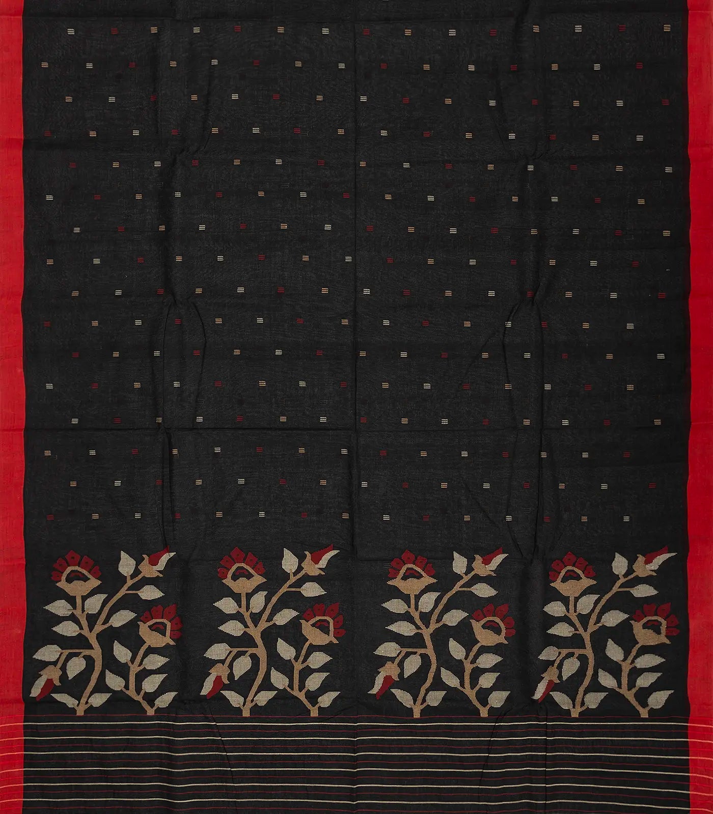 Black Handloom Dhakai Cotton Saree With Floral Motifs