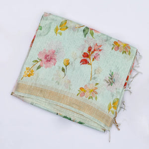 Turquoise Handloom Linen Saree With Printed Floral Motifs