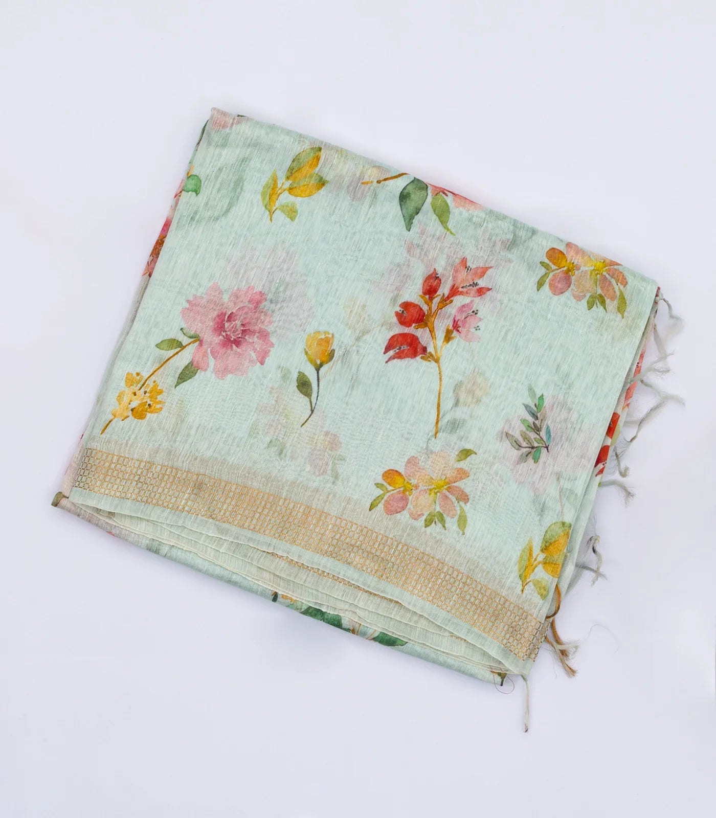 Turquoise Handloom Linen Saree With Printed Floral Motifs