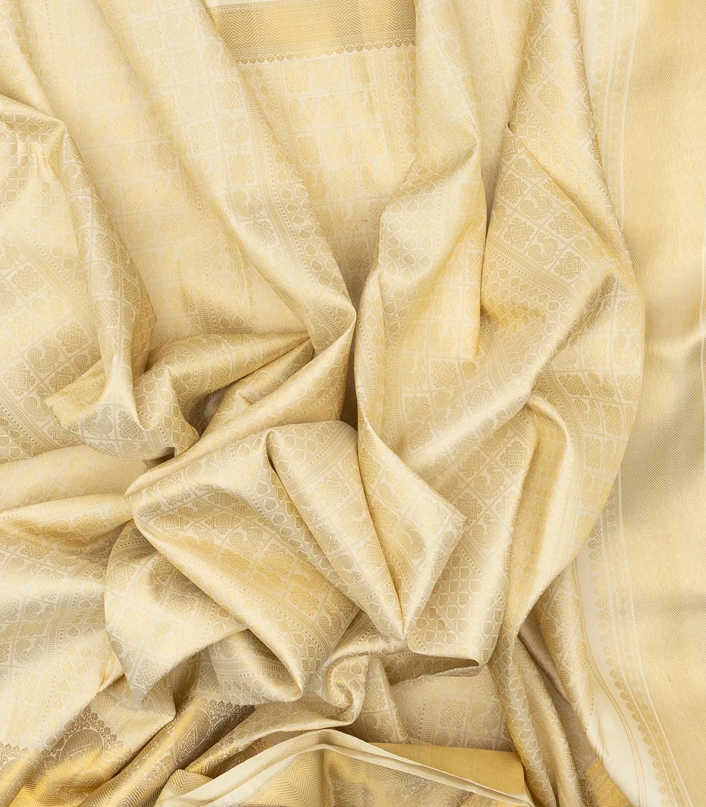 Cream Handloom Kanchipuram Silk Saree With Annam Motifs & Checks