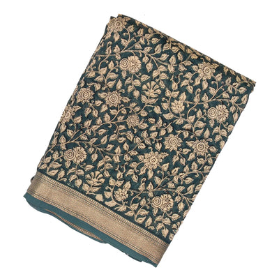 Steel Blue Handloom Chanderi Cotton Saree With Printed Cream Floral Motif