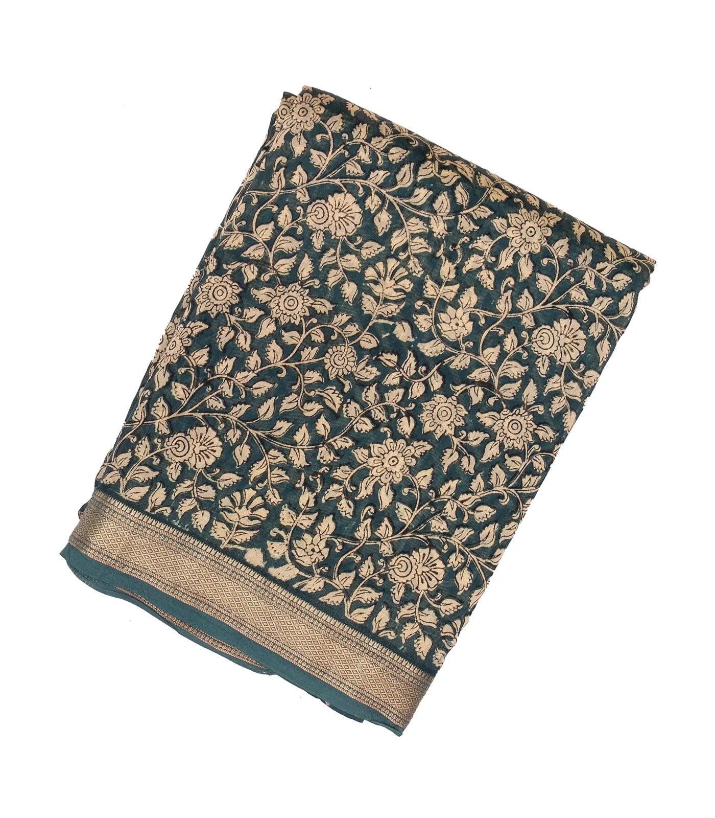 Steel Blue Handloom Chanderi Cotton Saree With Printed Cream Floral Motif