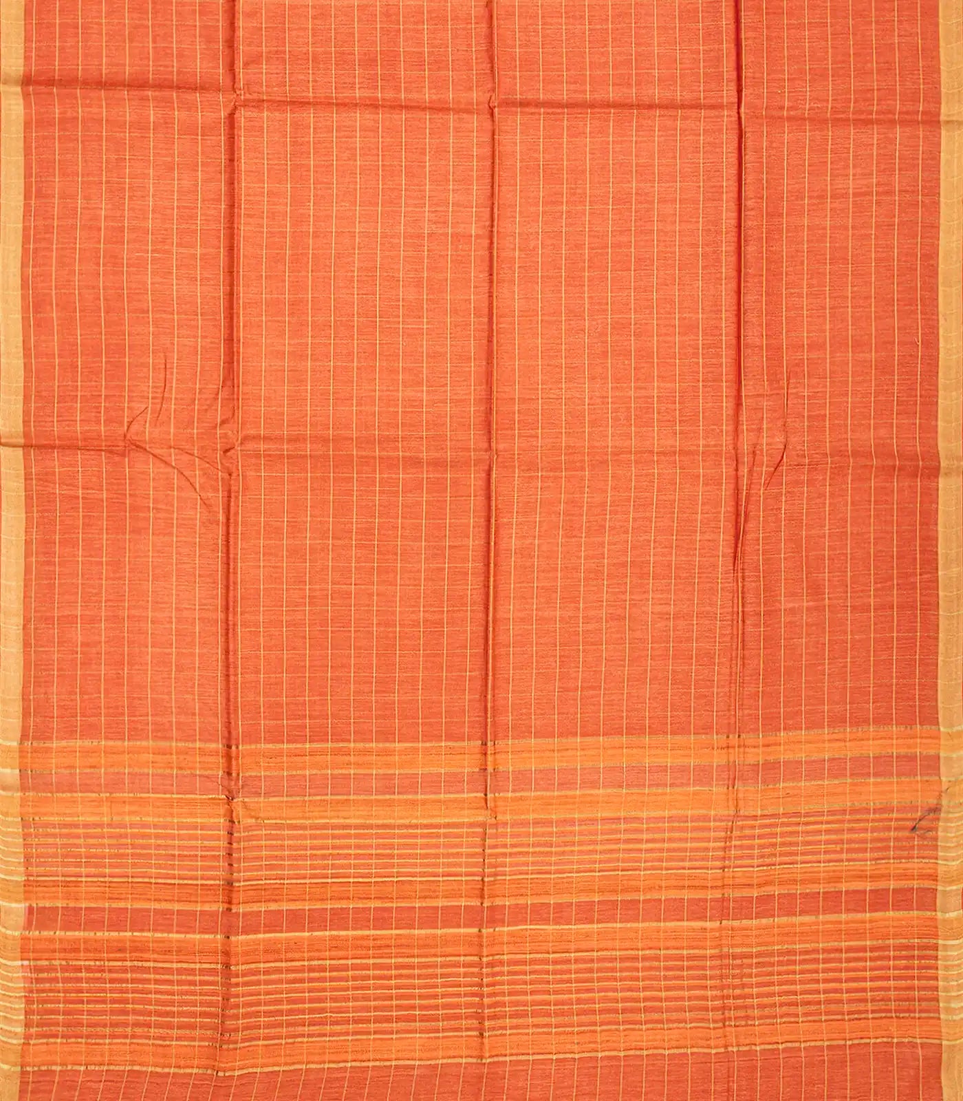 Orange Handwoven Tussar Silk Saree With Checks-Orange