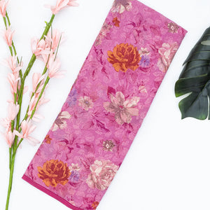 Bubble-gum Pink Woven Digital Printed Chiffon Silk Saree With Floral Motifs