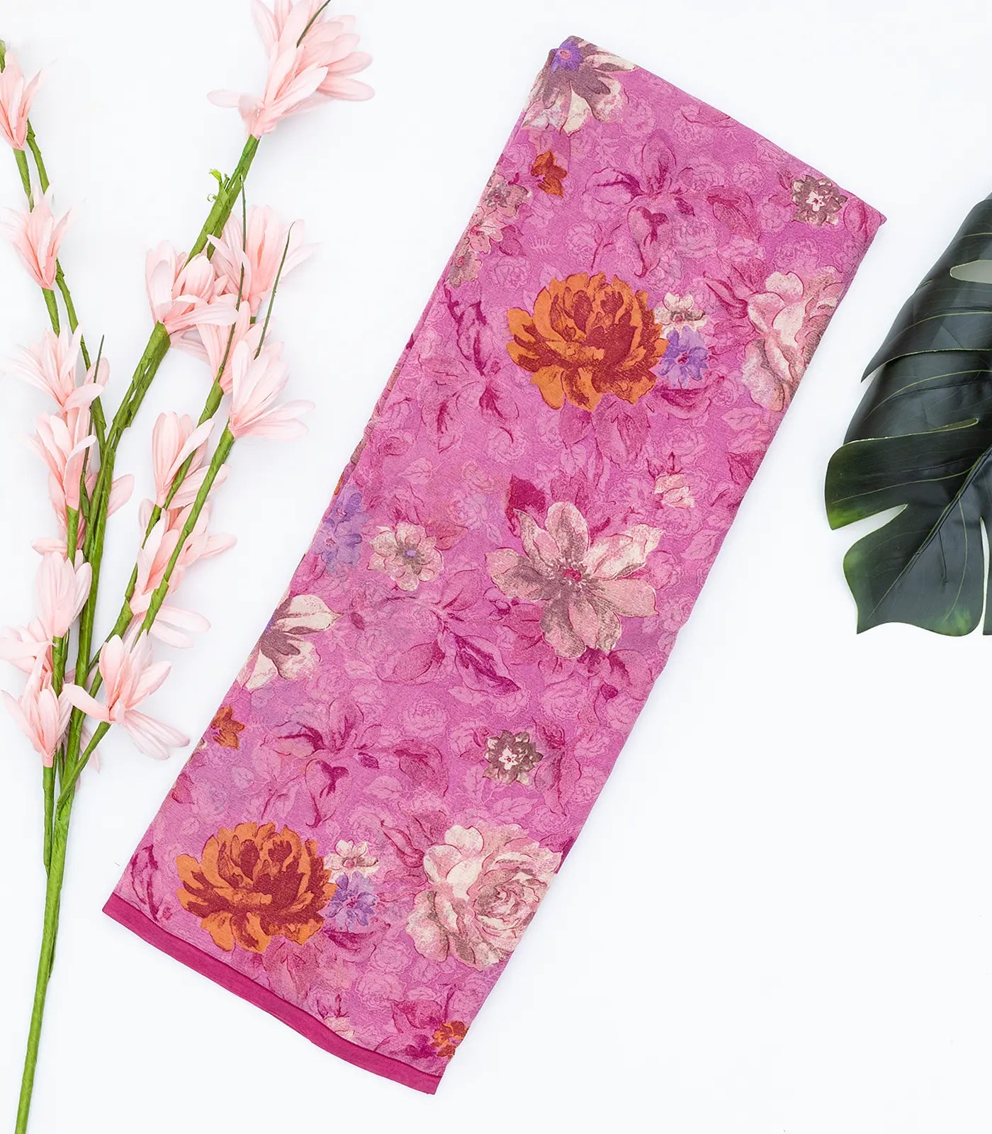 Bubble-gum Pink Woven Digital Printed Chiffon Silk Saree With Floral Motifs