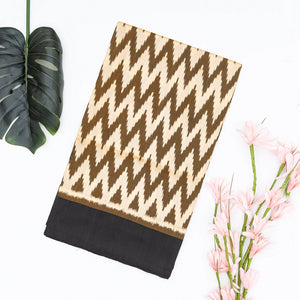 Dark Olive Handloom Ikat Silk Saree With White Chevron Motifs