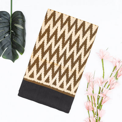 Dark Olive Handloom Ikat Silk Saree With White Chevron Motifs