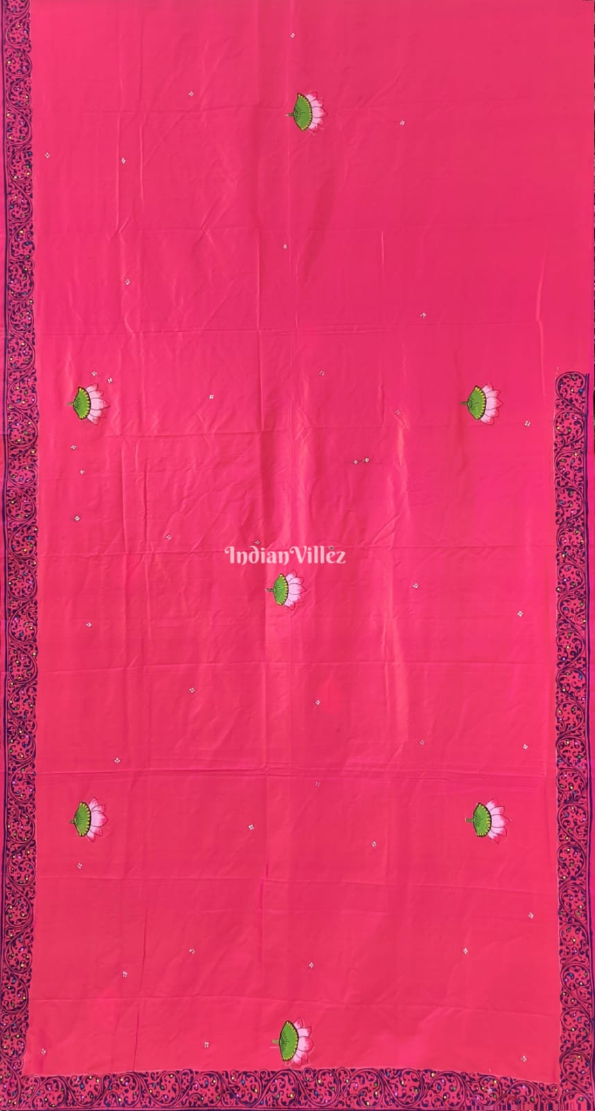 Pink Blue Doli Barat Theme Hand-Painted Pattachitra Saree