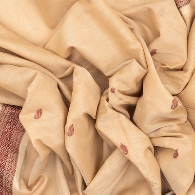 Cream Handloom Bengal Cotton Saree With Mango Buttas