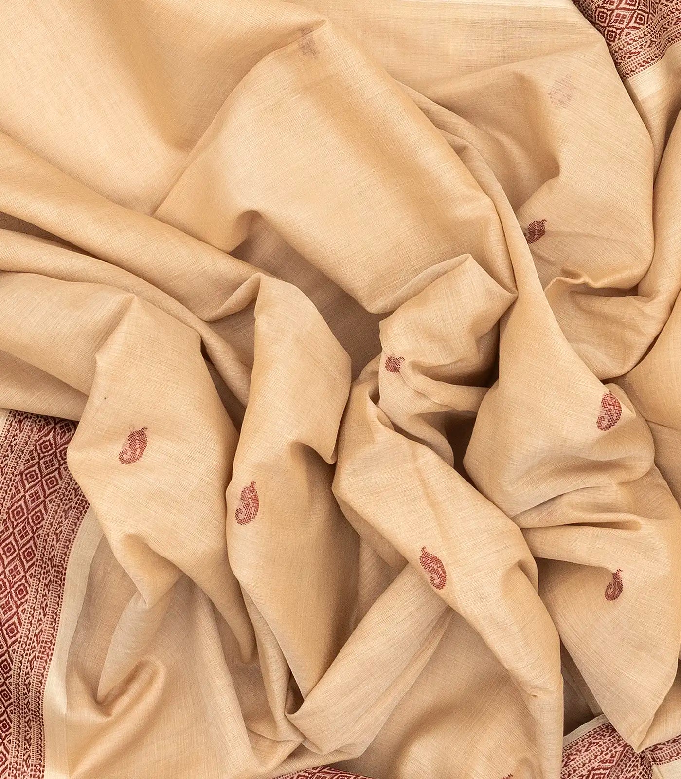 Cream Handloom Bengal Cotton Saree With Mango Buttas