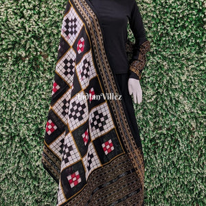 Black White Red Odisha Ikat Pasapali Theme Cotton Dupatta