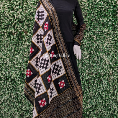 Black White Red Odisha Ikat Pasapali Theme Cotton Dupatta