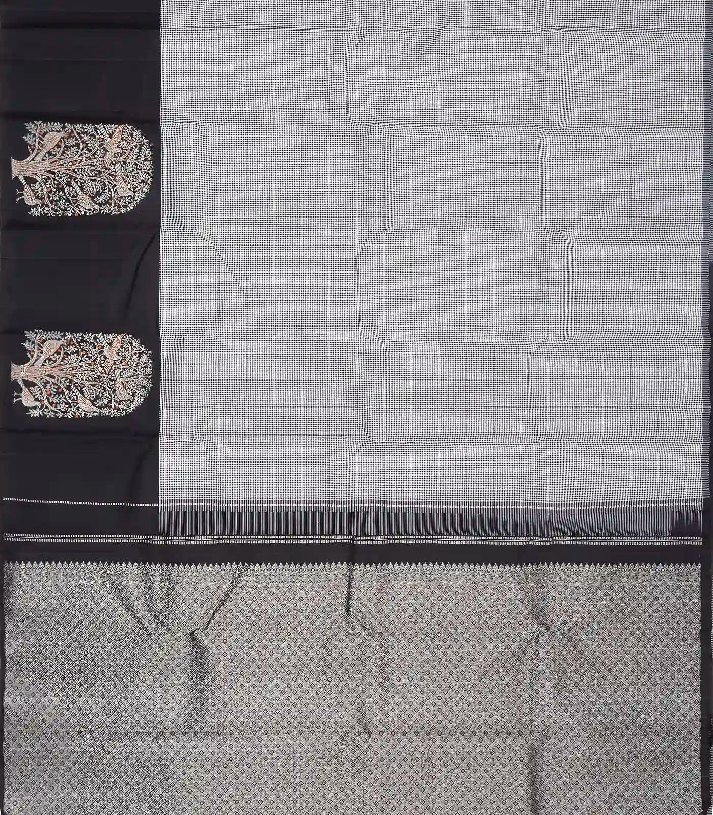 Black Handloom Kanchipuram Korvai Silk Saree With Checks