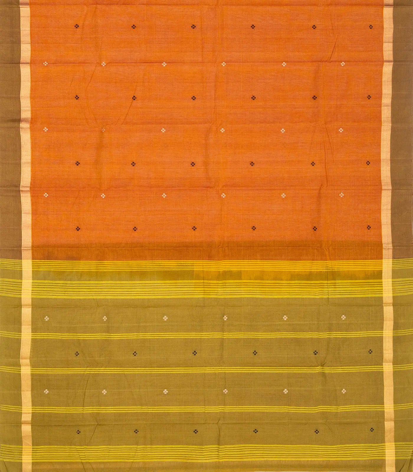 Orange Handloom Village Cotton Saree With Plus Buttas