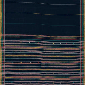 Midnight Blue Handloom Bhujodi Cotton Saree With Multi Stripes