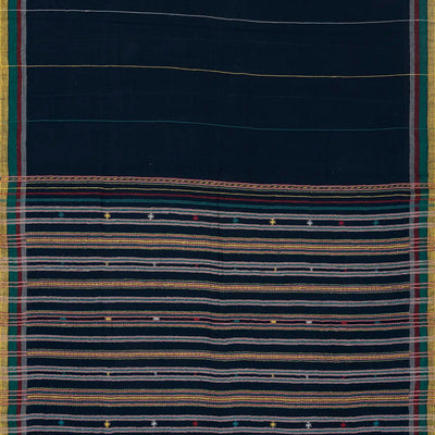 Midnight Blue Handloom Bhujodi Cotton Saree With Multi Stripes