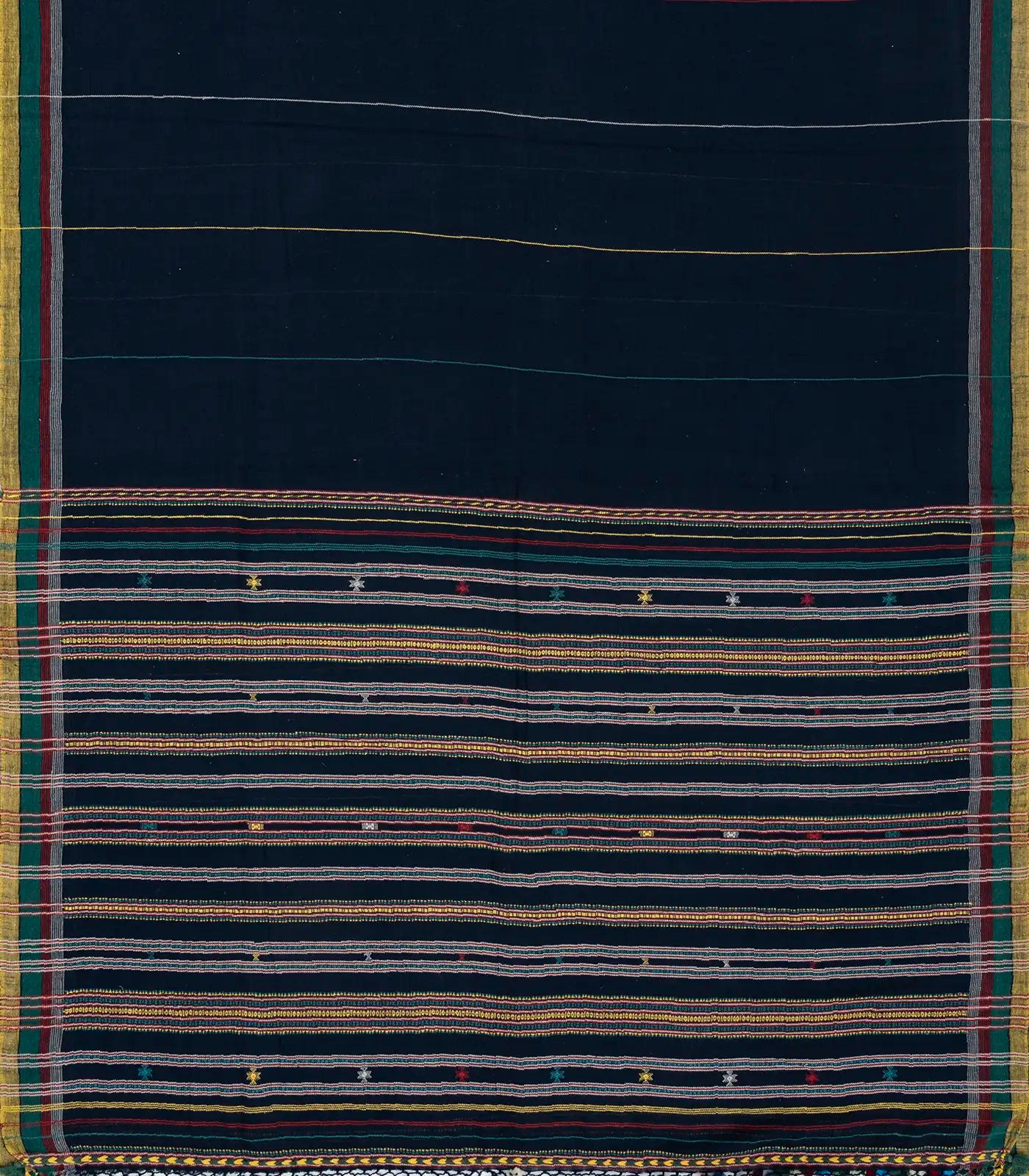 Midnight Blue Handloom Bhujodi Cotton Saree With Multi Stripes