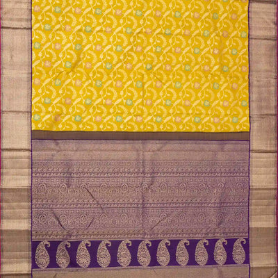Mustard Handloom Kanchipuram Silk Saree With Meena Floral Motifs
