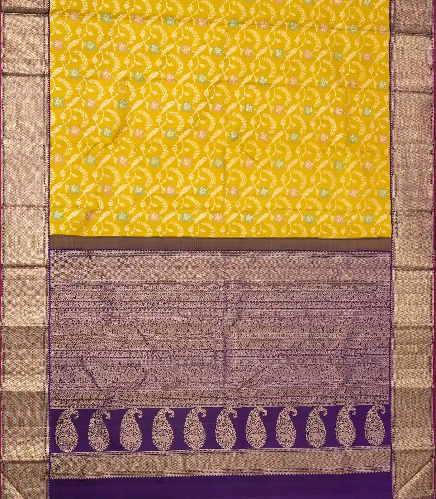 Mustard Handloom Kanchipuram Silk Saree With Meena Floral Motifs