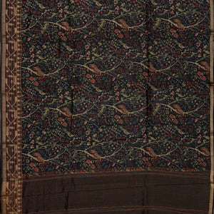 Black Handloom Tussar Silk Saree With Printed With Bird Motifs