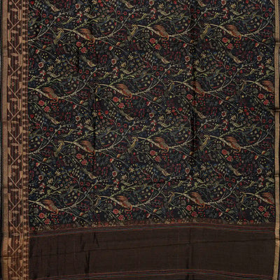 Black Handloom Tussar Silk Saree With Printed With Bird Motifs