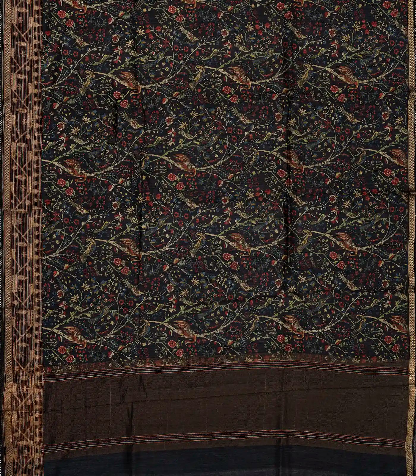 Black Handloom Tussar Silk Saree With Printed With Bird Motifs