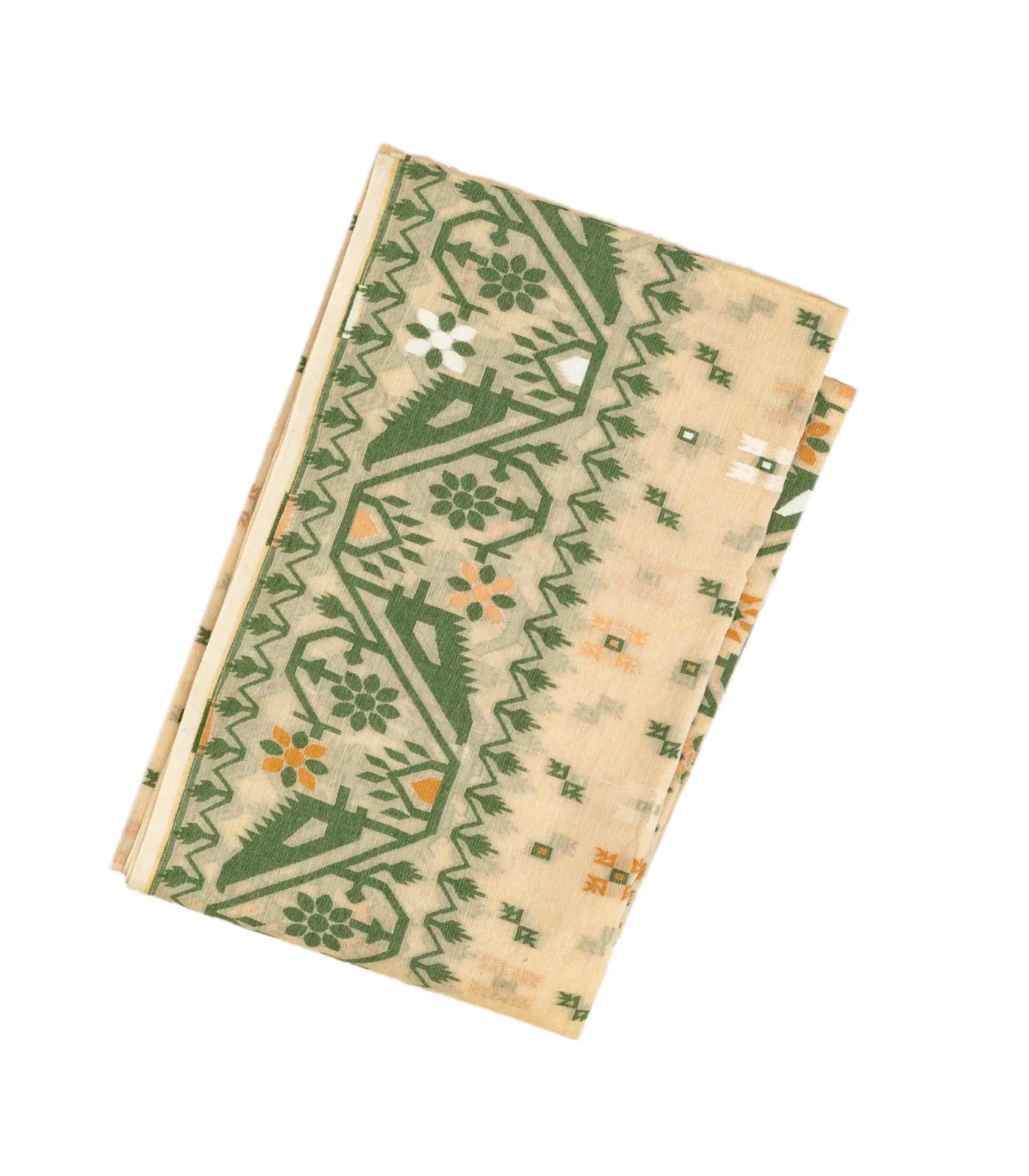 Cream Bengal Cotton Saree With Square & Floral Motifs