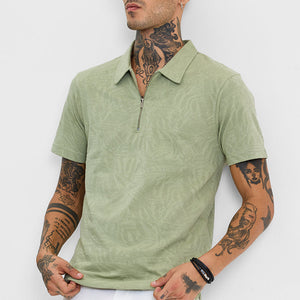 Light Green Self-Design Zipper Polo T-Shirt