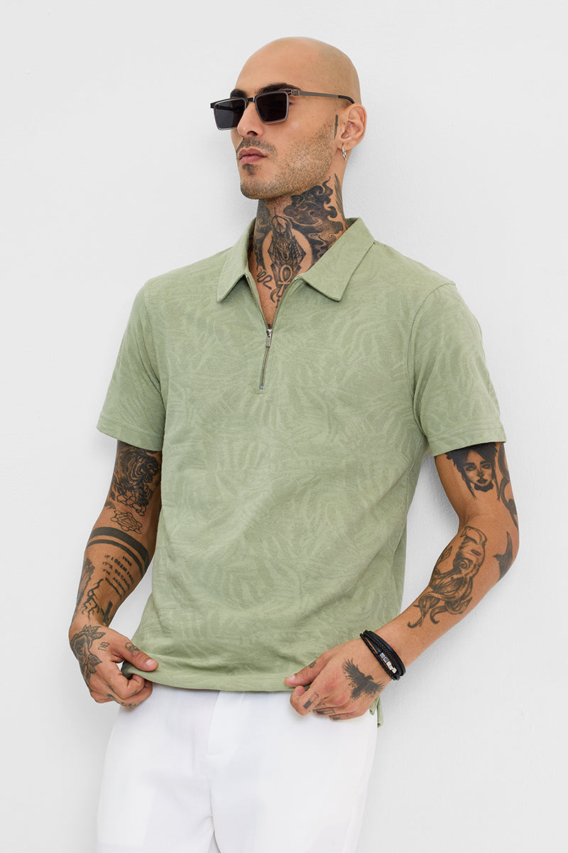 Light Green Self-Design Zipper Polo T-Shirt