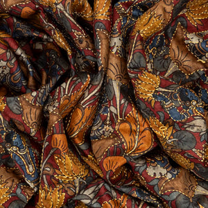 Red Handloom Tussar Silk Saree Printed & Embroidered Motifs