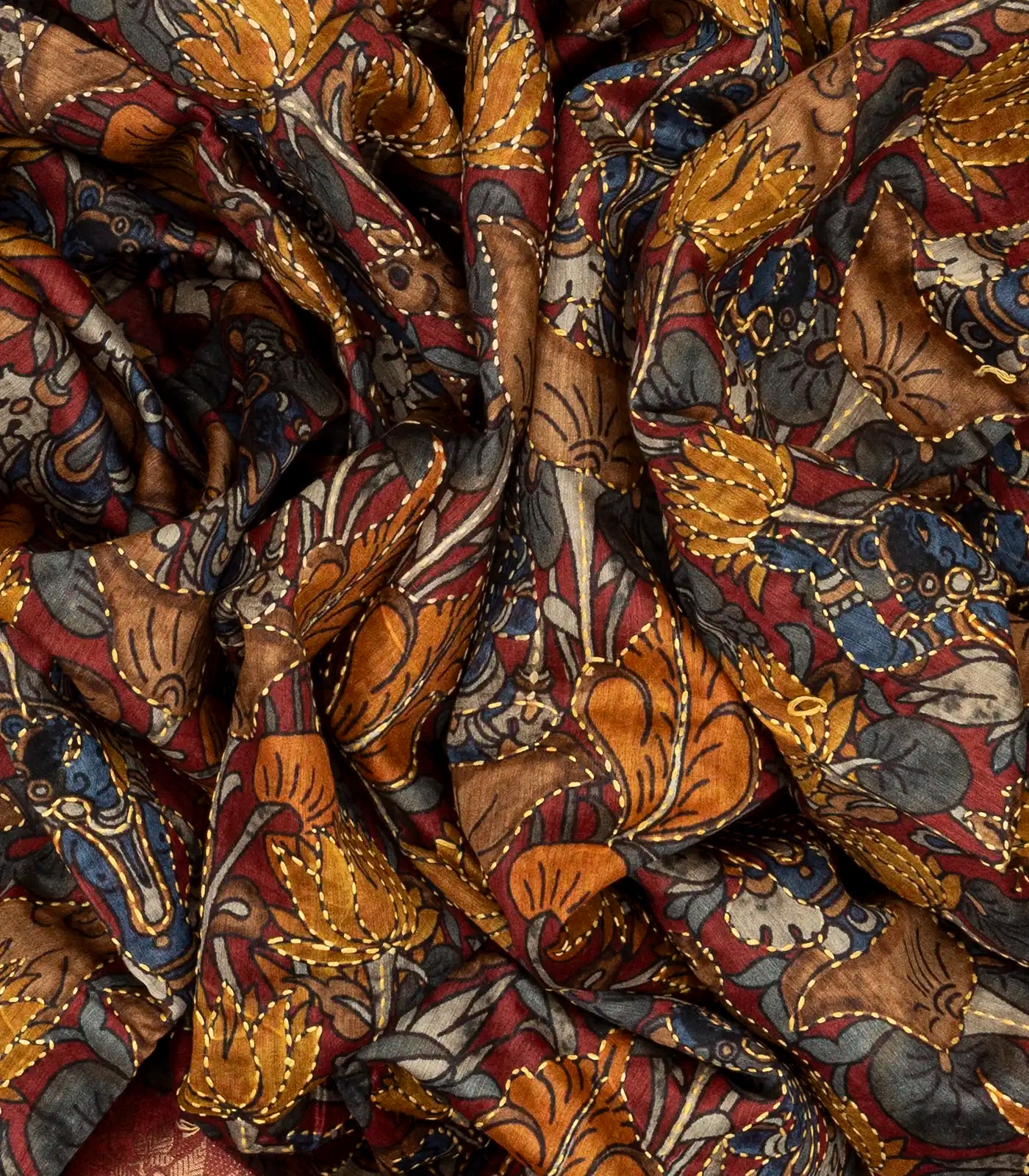 Red Handloom Tussar Silk Saree Printed & Embroidered Motifs