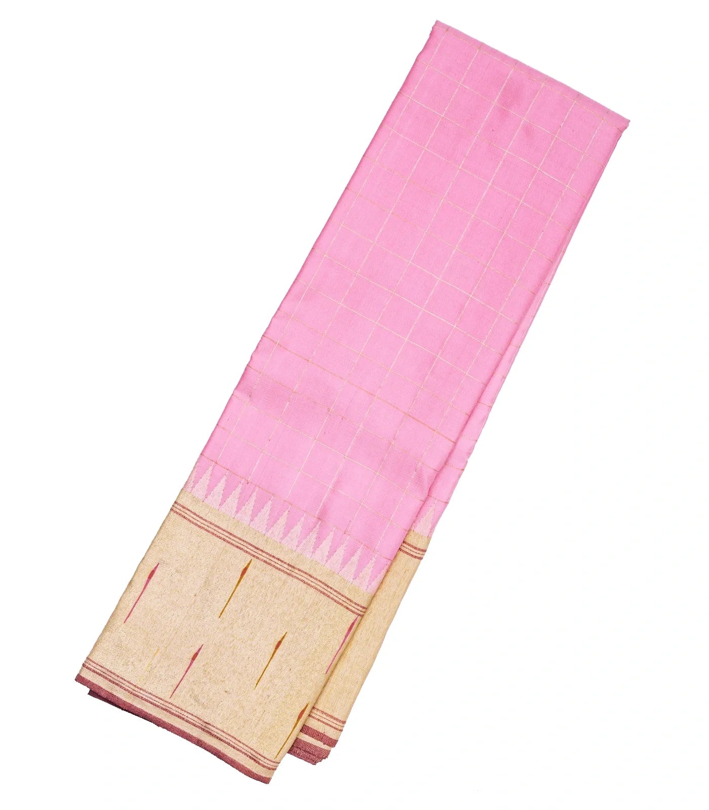 Bubblegum Pink Handloom Kanchipuram Korvai Silk Saree With Checks
