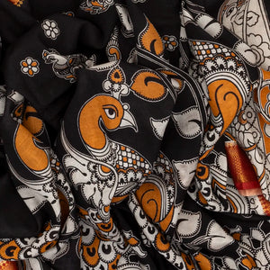 Black Woven Kalamkari Printed Cotton Saree With Peacock Motifs