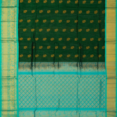Dark Green Handloom Silk Cotton Saree With Floral Buttas