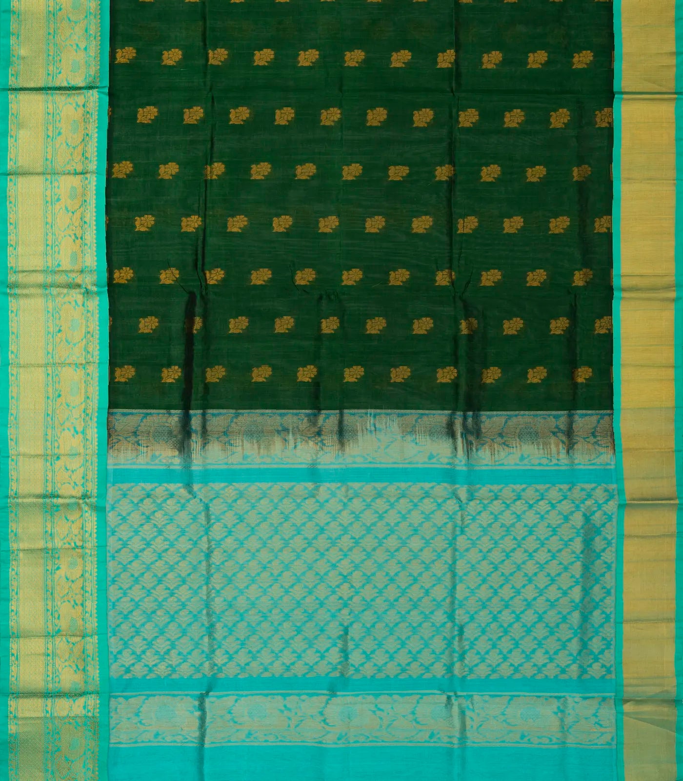 Dark Green Handloom Silk Cotton Saree With Floral Buttas